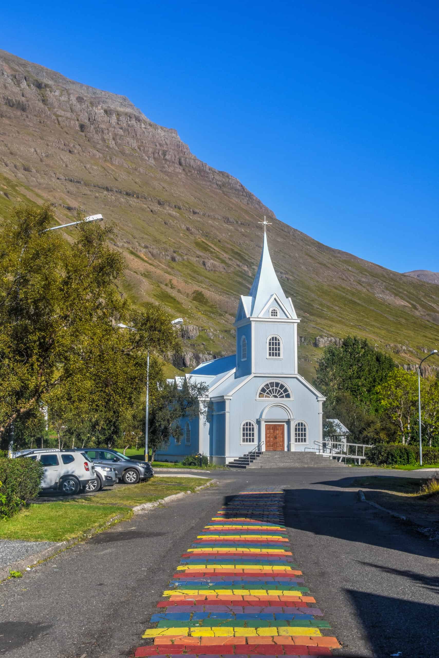 Seydisfjordur church rainbow iceland