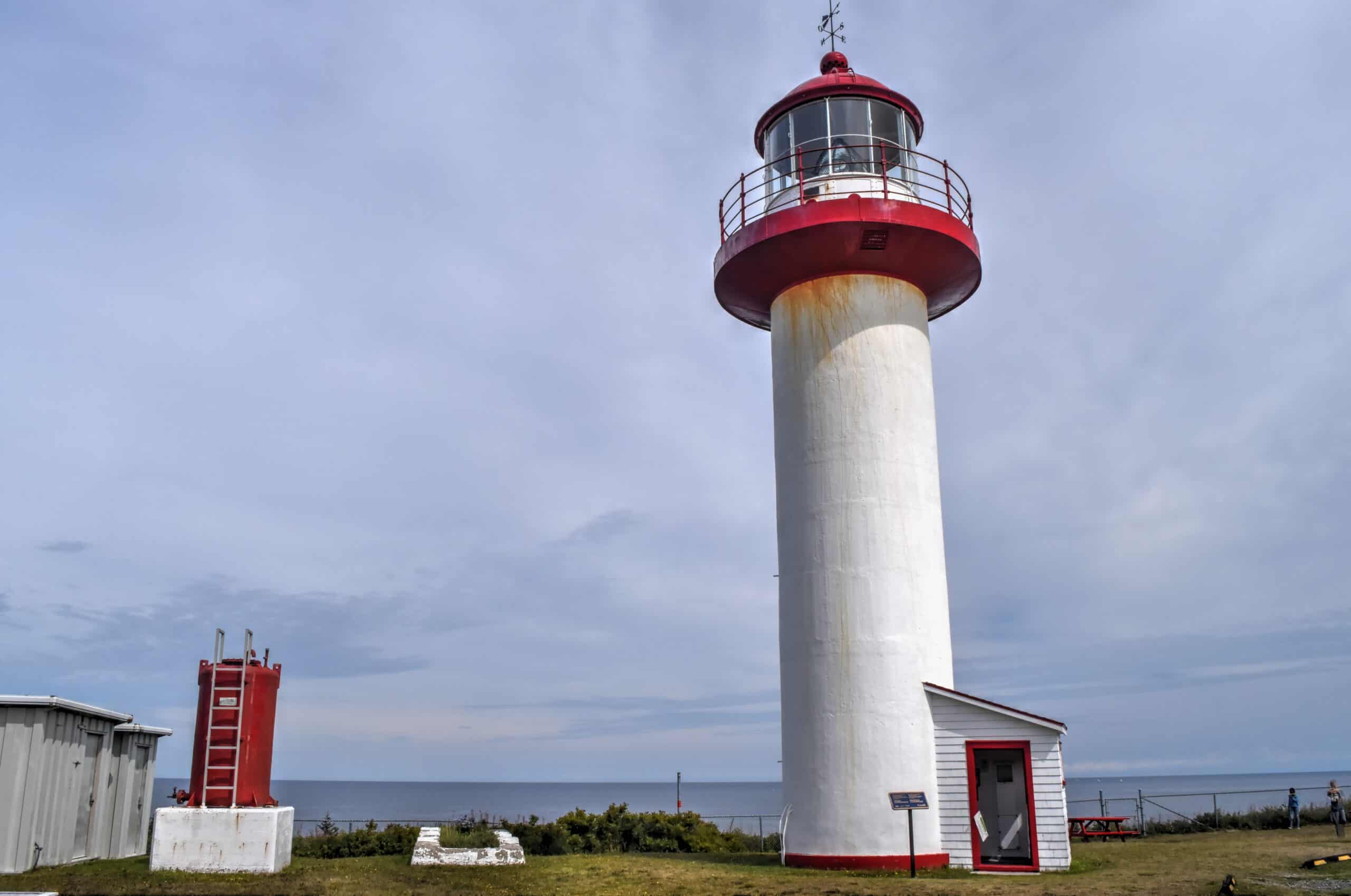 red and white Cap de la Madeleine Lighthouse in gaspésie