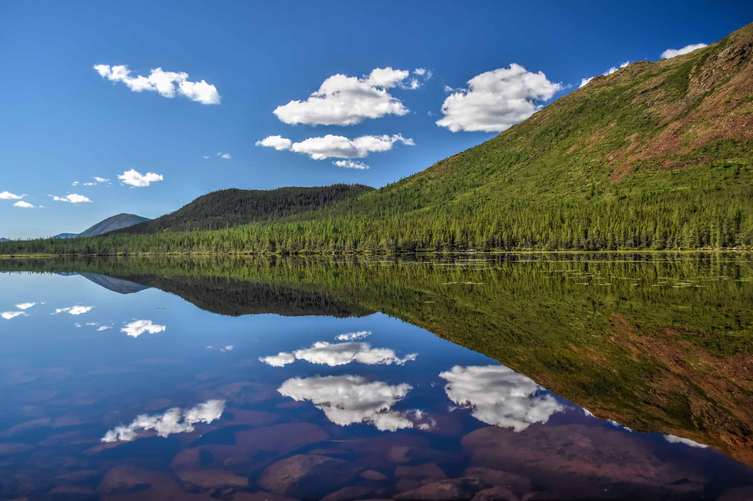 reflective lake in olivine hiking trail gaspésie national park
