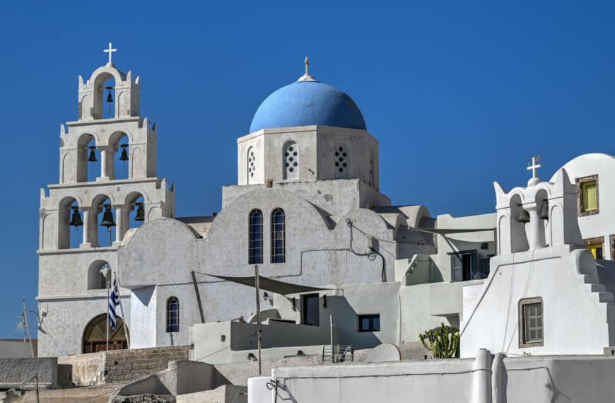 blue dome church and bells in pyrgos santorini