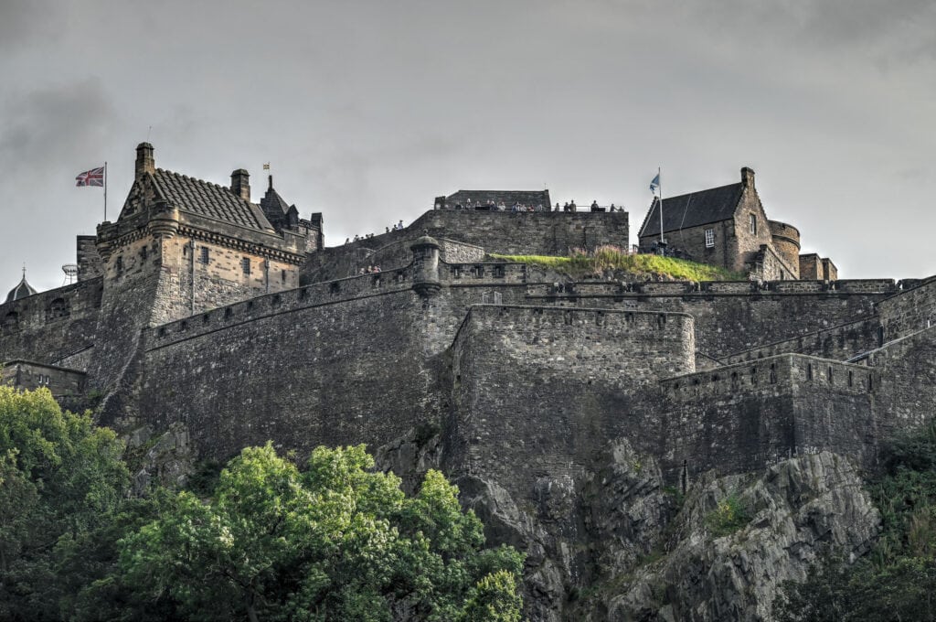 stone wall edinburgh castle in princes garden park