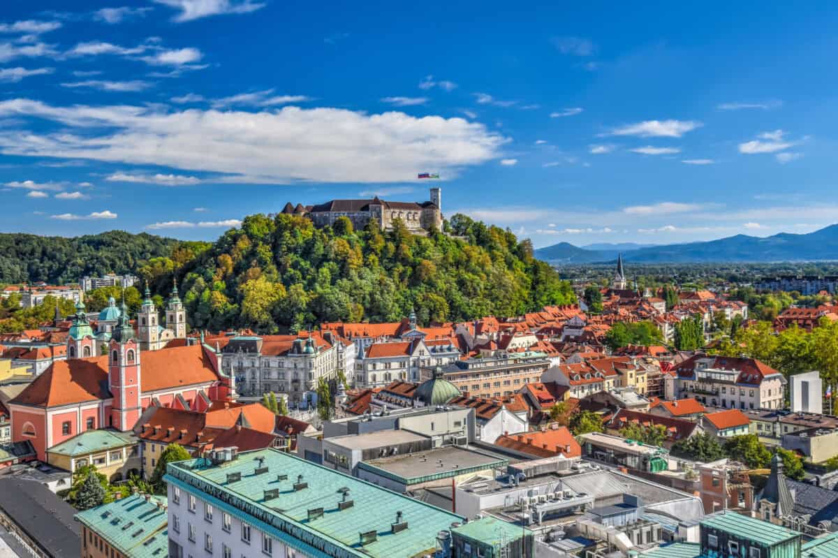 view of the castle from the Skyscraper (Neboticnik) in Ljubljana slovenia