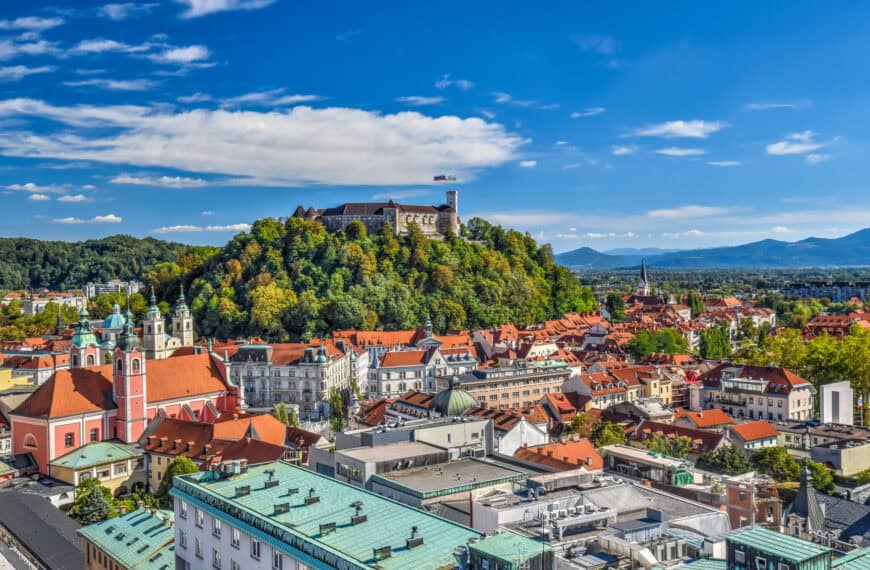 view of the castle from the Skyscraper (Neboticnik) in Ljubljana slovenia