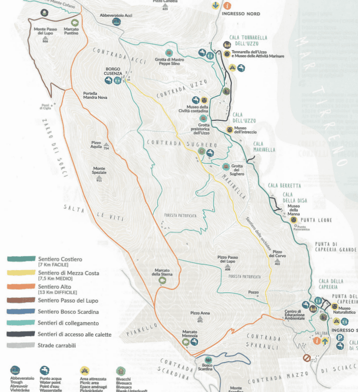 Map of Sicily's Zingaro Nature Reserve hiking trails