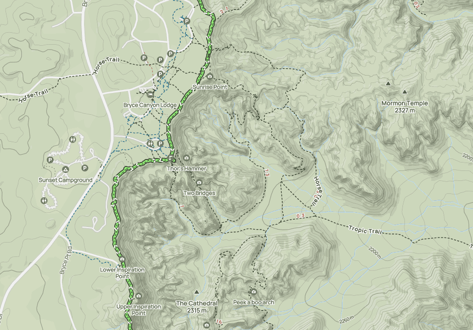 map of the rim trail in bryce canyon