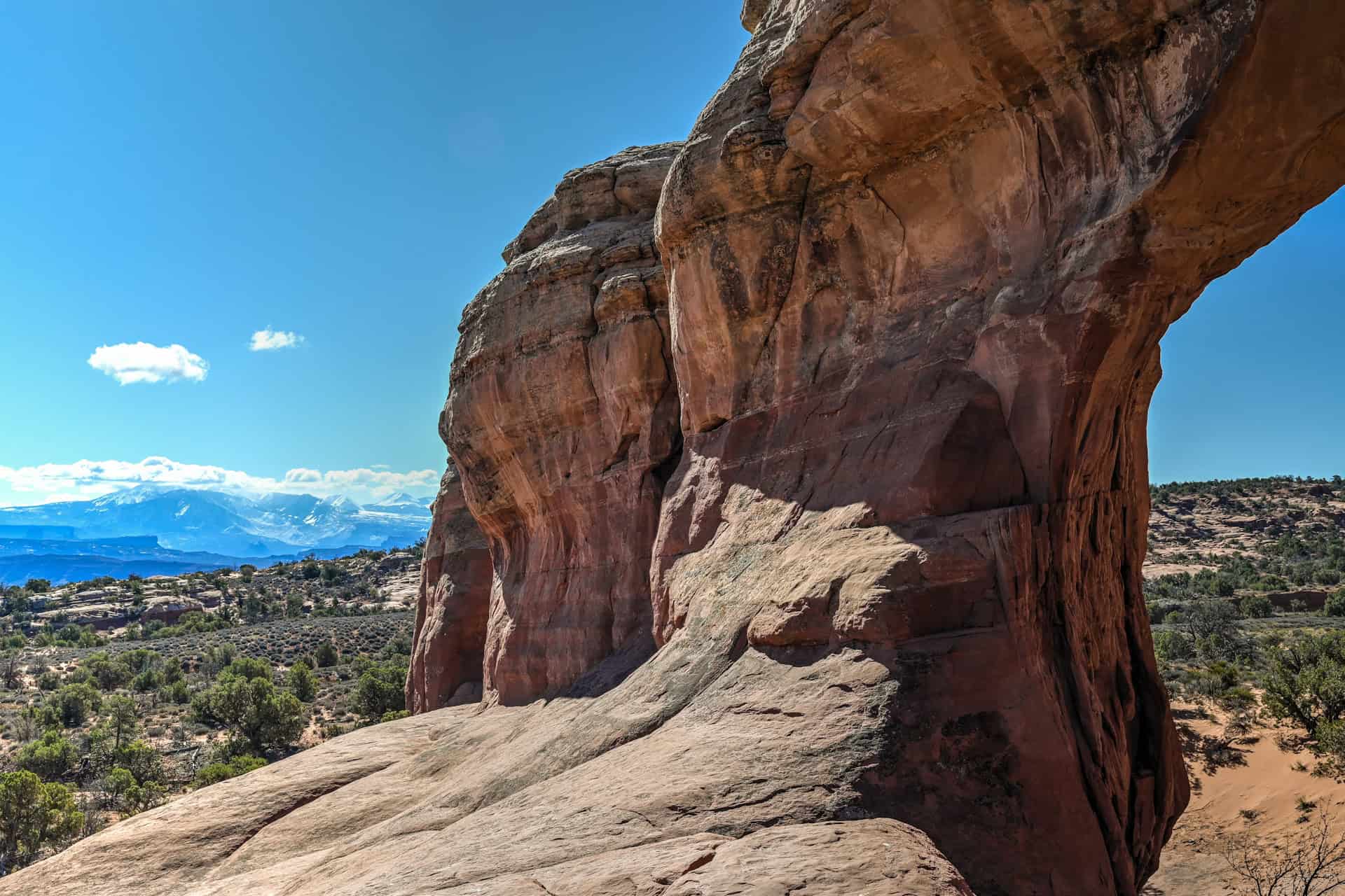 view of the La Sal Mountains from the arch