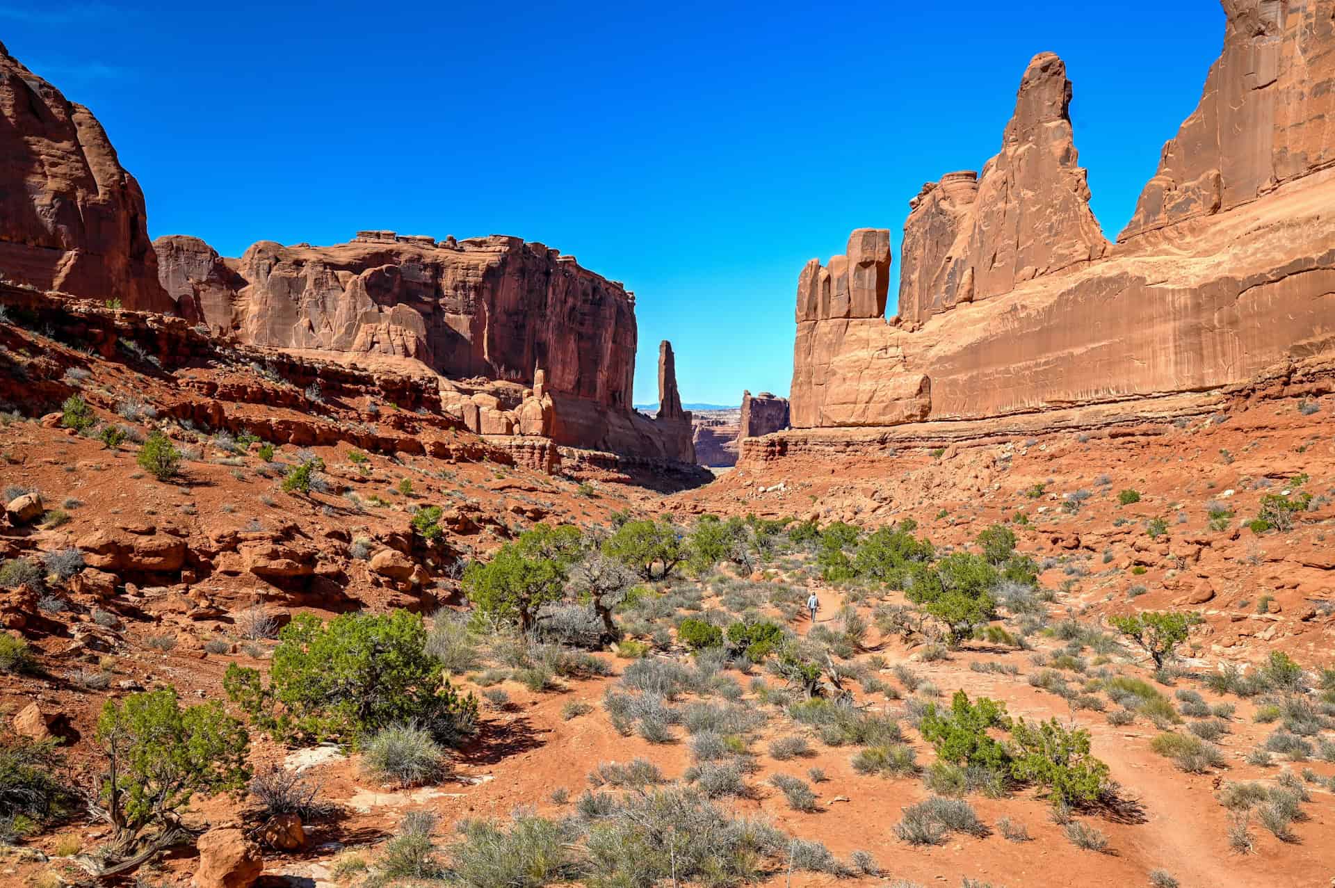 the canyon-like scenery of park avenue trail in arches