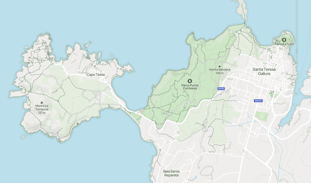 map of santa teresa gallura, punta contessa and capo testa